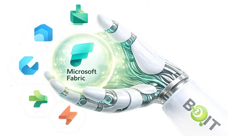 BOIT robotic hand holding the Microsoft Fabric platform with Microsoft application icons for unified data analytics.
