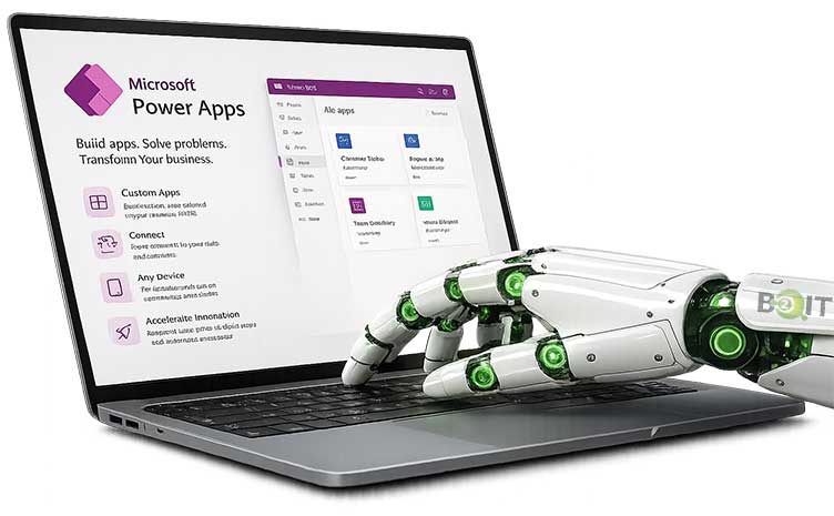 BOIT robotic hand interacting with Microsoft Power Apps on a laptop for low-code application development.