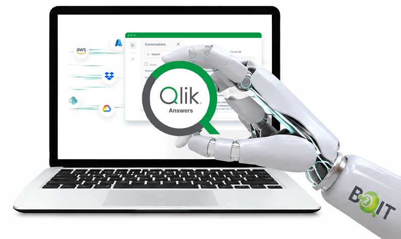 BOIT robotic hand showcasing Qlik Answers AI with cloud data integrations on a laptop screen.