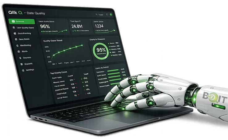BOIT robotic hand presenting Qlik Data Quality dashboard on a laptop for enterprise data governance.
